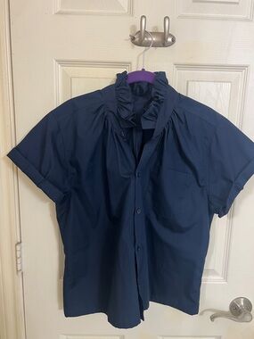 KMJ Quarantini Navy Ruffle Collar Button-Down Shirt